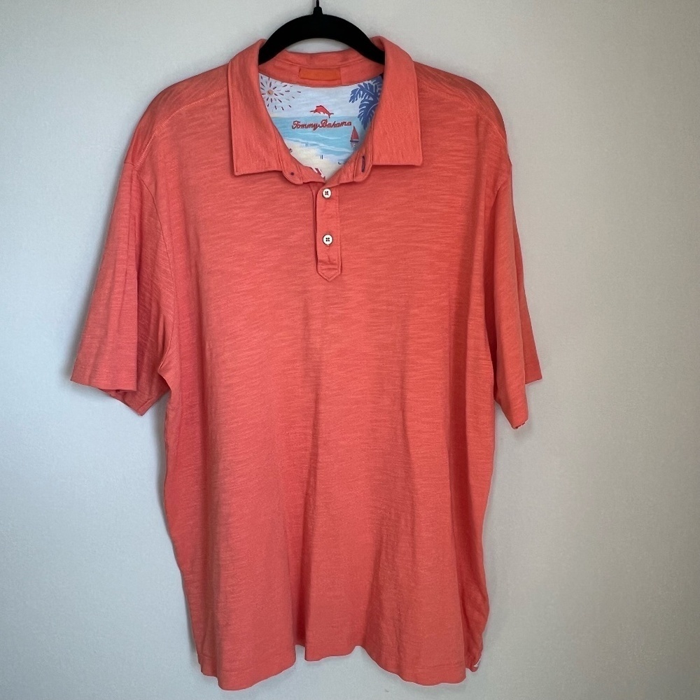 Tommy Bahama Mens Pima Cotton Slub Knit Polo Shirt Coral Golf Resort Colorful XL